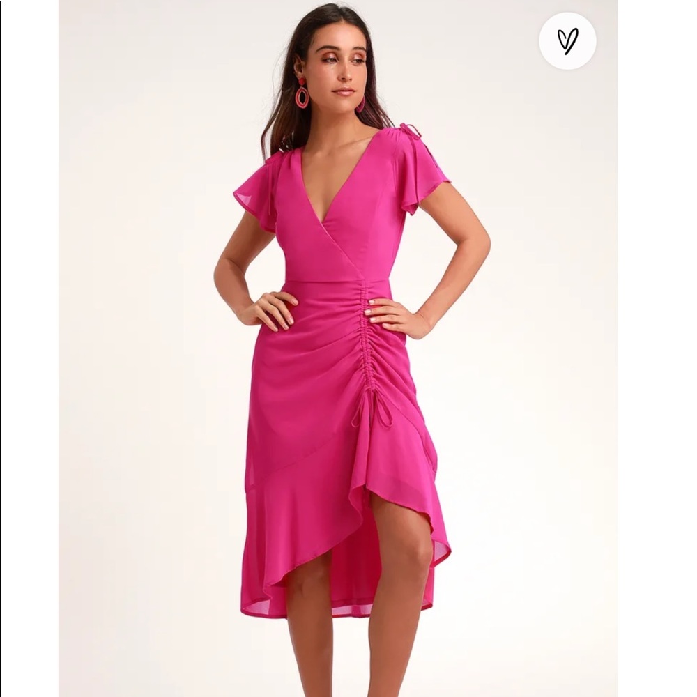 Lulus Outstanding Magenta Ruched High-Low Midi Dress